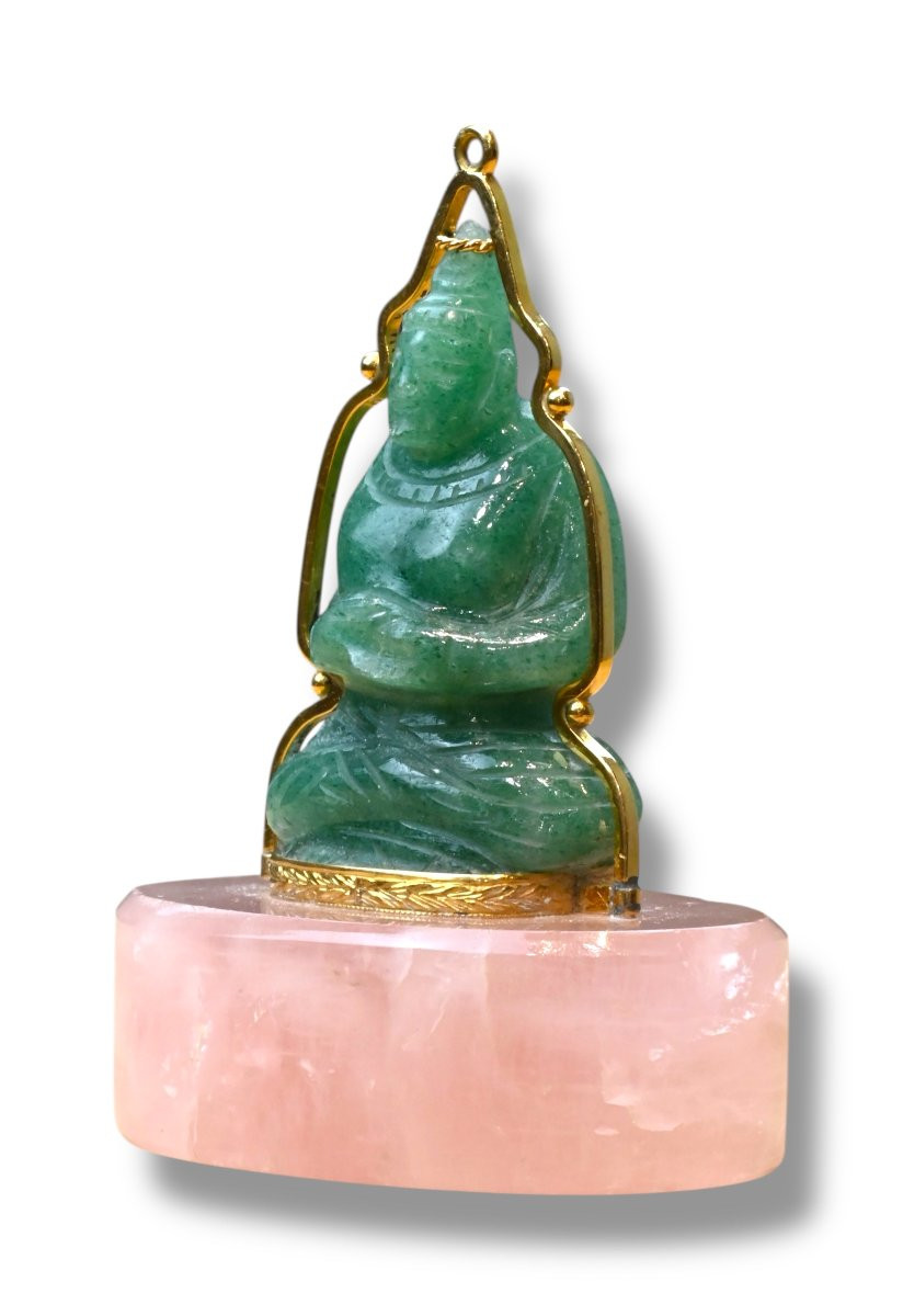 Figura di Buddha in Giada su Base in Quarzo Rosa - XX Secolo-photo-3